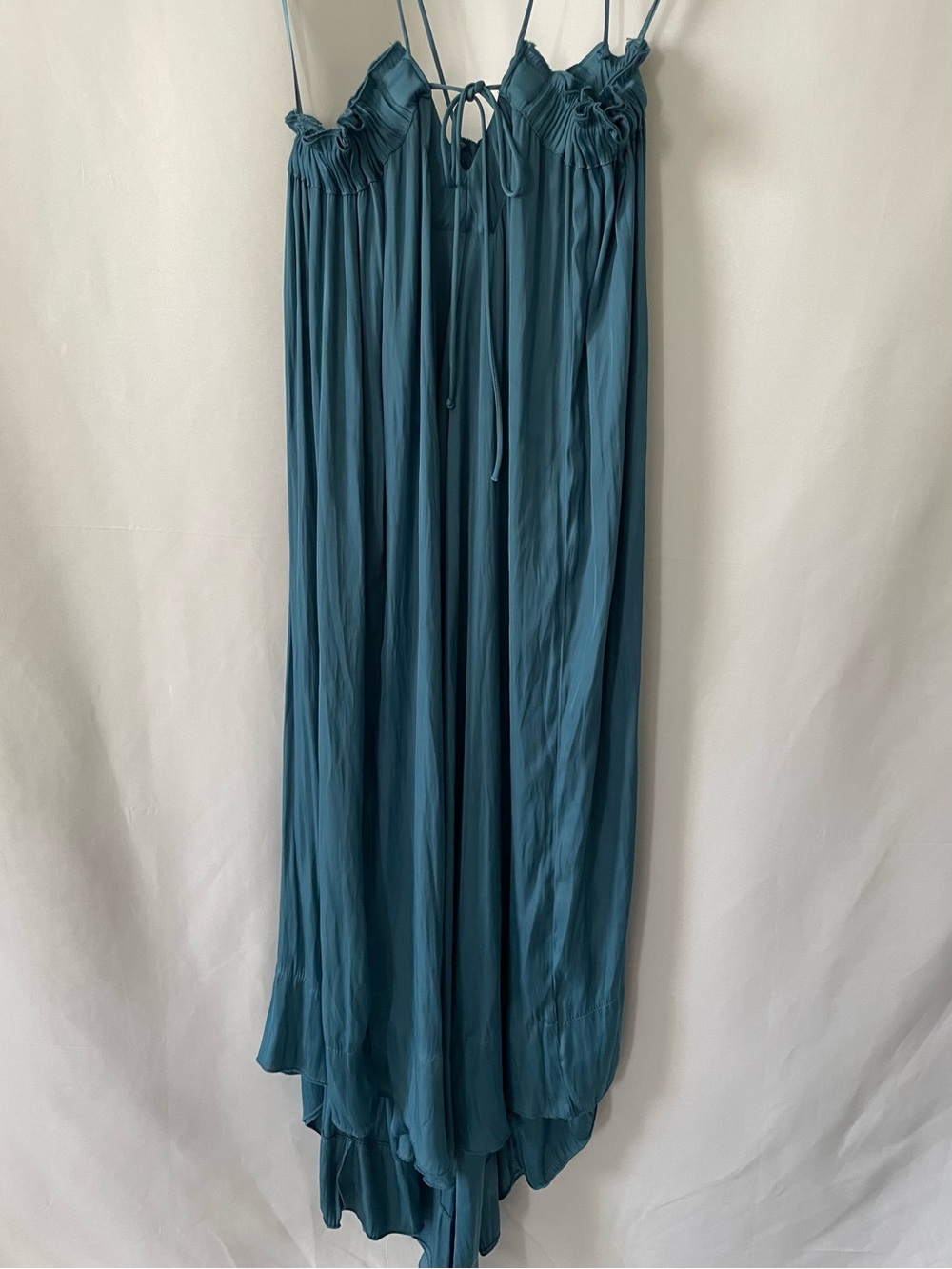 Zara Teal Blue Spaghetti-Strap Midi Dress with Gathered Bodice